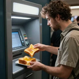 a man withdrawing multiple pieces of french toast from an atm machine