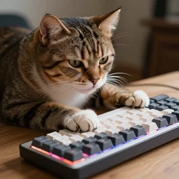 angry cat typing on a mechanical keyboard.