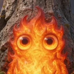 detailed background rocky scene, a close up of a funny tree monster fire spirit, with detailed large glowing eyes, and flaming hair by maurice sendak, shaun tan made in hyperrealistic 3 d, octane render, dark green colours, sharp focus, 8 k, nighttime