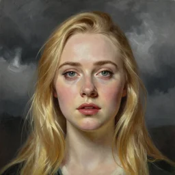 professional painting of Elle Fanning in the style of George Stubbs, head and shoulders portrait, symmetrical facial features, smooth, sharp focus, illustration, intricate, stormy weather, extremely detailed masterpiece,