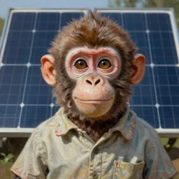 a monkey boy smiling portrait with porcelain face and big eyes, solar panels, dressed in a vintage shirt, conceptual art, oil fantasy painting, hyperdetailed, dramatic light, 8 k