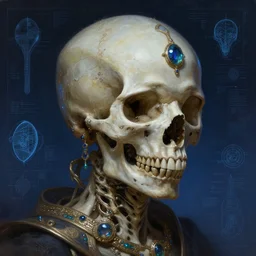 portrait of jewel bone-skull oracle physically accurate, moody dynamic lighting, very very intricate, very very elegant, highly detailed, digital painting, artstation, in the style of Rob Lefield and Dan Mumford , trending on artstation, digital art,surrealism ,macro,blueprint ,vaporwave ,
