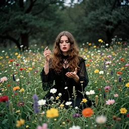occult ritual in beautiful meadow of flowers, film photo from 1970s, grainy, high detail, high resolution
