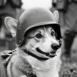 close up of a corgi wearing soldier helmet in the battle, ww 2 historical photography, black & white