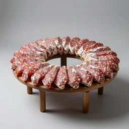a round salami bench, studio photography, 5 0 mm