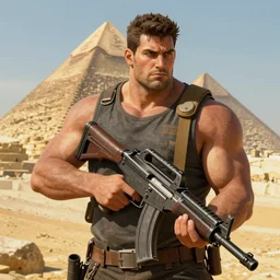 a beefy man with a machine gun, egyptian pyramid in the background, 4 k, sharp focus, illustration, highly detailed, cyberpunk