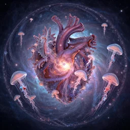 fractal heart of the universe, vast circular mathematical landscape, giant fractal jelly fishes levitating, by james jean, marc simonetti and victo ngay, artstation