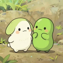 two cute beans fall in love, ghibli, animated
