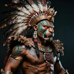 editorial photo portrait of raging aztec jaguar warrior with glowing tribal futuristic tattoos on his face, warrior body, feathers and paint, photo by mario testino, cinematic, hyper detailed, micro details, insanely detailed, trending on artstation,dark background, dramatic lighting, cinematic angle, concept art, insanely detailed and intricate