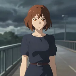 a beautiful british woman with short vibrant brown hair, serious, somber amber eyes, standing on a bridge, storm in the distance, professional clothing, dress, digital art by makoto shinkai ilya kuvshinov and wojtek fus, digital art, concept art,