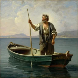 painting of wise man as a fisherman on a small boat by the coast by bouguereau
