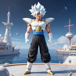 high intricate goku with white sci - fi armor and black garment, on space harbor, full shot, maria panfilova, andrea savchenko, mike kime, ludovic plouffe, qi sheng luo, oliver cook, julian calle, eddie mendoza, trending on artstation