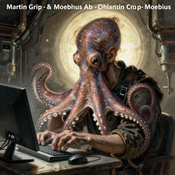 Octopus fixing a computer, Industrial Scifi, detailed illustration, Chiaroscuro, character portrait, by Martin Grip and Moebius