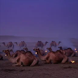 groups of camels lay sleeping before dawn. there are small smoke fires burning near them. the sky is a dark shade of blue purple, and fog and smoke mix,