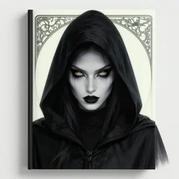 book cover, front portrait, dark witch with black hood and evil eyes, realism, soft, smooth, luminescent, art nouveau tarot, backlit glow, colorful swirly ripples, gaudy colors, aesthetic octane render, unreal engine, 8 k, by artgerm, greg rutkowski, alphonse mucha