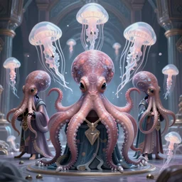 group of mankind species mages with octopus heads and a lot of translucent jellyfishes floating around inside an ancient mage castle hall colossal scale, gothic and baroque, brutalist architecture, ultradetailed, Intricate by Ellen Jewett and Josan Gonzalez and Giuseppe Arcimboldo