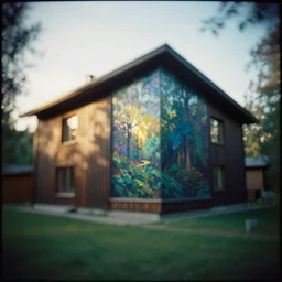 modern house in the wood, artwork by arkhip kuindzhi, mystic, melancholy, pinhole analogue photo quality, lomography, blur, unfocus, cinematic, foil effect colors, sunlight effect