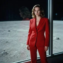a medium full shot photograph by annie leibovitz depicting isla fisher in a tailored red suit standing next to a plate glass window. outside is the surface of the moon. sci fi, futuristic, cinematic, soft lighting, sci fi, bladerunner 2 0 4 9, canon eos r 3, f / 3, iso 2 0 0, 1 / 1 6 0 s, 8 k, raw, unedited