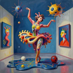an extremely high quality hd surrealism painting of a 3 d perspective neon complimentary - colors cartoon surrealism melting sculpture gallery zaha hadid biological anatomical dancer by a much more skilled version of kandinskypicasso and salvia dali the fourth, salvador dali's much much much much more talented painter cousin, 8 k, ultra realistic, very realistic, nerves, veins, neurons, 4 k