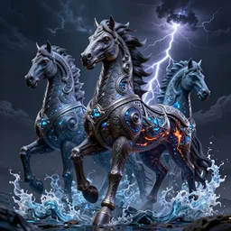 3 d ornate carved dark cosmic horse with profile portrait, sigma 5 0 0 mm f / 5. beautiful intricate highly detailed mongolian horse. bioluminescent, plasma, lava, ice, water, wind, creature, thunderstorm! artwork by tooth wu and wlop and beeple and greg rutkowski, 8 k trending on artstation