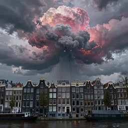 apocalyptic amsterdam with psychedelic clouds in the year 2 1 4 5. 4 k ambient