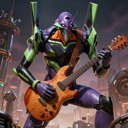 movie poster of < a huge mecha > plays a guitar, in the style of < neon genesis evangelion >, 3 d anime, arcane style, retropunk, steampunk, high resolution, 4 k, retrofuturism, by yoshiyuki sadamoto