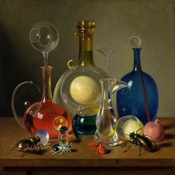 beautiful colorful oil painting dutch golden age vanitas still life with gorgeous fututistic objects shiny transparent surfaces shiny metal insects rachel ruysch dali todd schorr very detailed perfect composition rule of thirds masterpiece chiaroscuro canon 5 0 mm, cinematic lighting, photography, retro, film, kodachrome