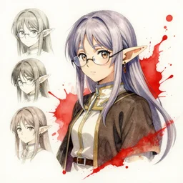 detailed anime illustration of an elf, watercolour, red paint splash, girl with glasses, 4 k concept art, artstation