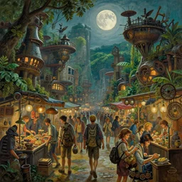 busy steampunk market metropolis, lush foliage, full moon, hyper real painting by chiara bautista karl kopinski kim jung giu and weta studio, and lucasfilm and jesper ejsing and norman rockwell greg rutkowski frank frazzeta