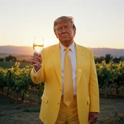 donald trump, white wine glass, yellow sun suit, napa valley sunset, backlit, golden hour, kodak gold 2 0 0, 5 0 mm,