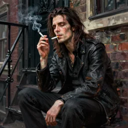 character portrait of a rugged nick cave sitting down on a fire escape smoking a cigarette in gothic london, gothic, john singer sargent, muted colors, moody colors, illustration, digital illustration, amazing values, art by j. c. leyendecker, joseph christian leyendecker, william - adolphe bouguerea, graphic style, dramatic lighting, gothic lighting