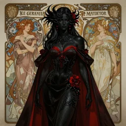 a matte painting of a beautiful black red, dark fantasy, in the style of artgerm and alphonse mucha and myles birket foster, concept art, high octane, elegant, highly detailed, digital painting, trending on artstation, sharp focus, illustration