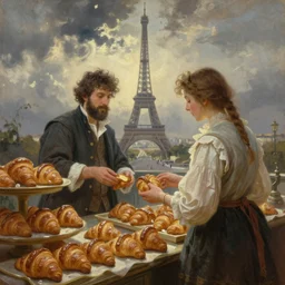 steve buscemi selling croissants in paris. gouache fairytale art, russian romanticism, muted palette, backlighting, depth of field