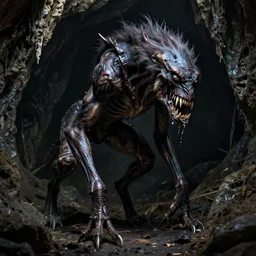 tall bipedal creature in the darkness, long claws, large long pointy teeth, drooling, hunched over, hairless, dark cavern, no light, highly intricate, detailed, 8 k
