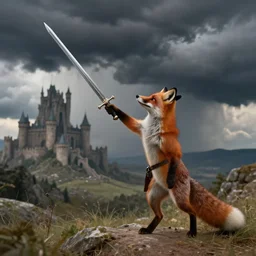 anthropomorphic fox!! who is a medieval knight holding a swo - rd towards a stormy thundercloud [ 1 9 3 0 s film still ], ( giant fantasy castle in the background )