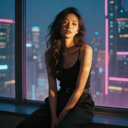 a woman sitting in front of a large window, cyberpunk neon city in the background, digital art,