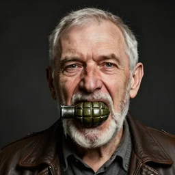 old man portrait, hand grenade in his teeth, greg rutkowski art