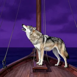 a wolf barking on a 1700s ships bow during night with purple sky in fernando de noronha, Kazimir Malevich