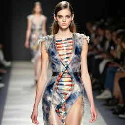 photo of watercolor dna art of a fashion model on the runway, close up, soft lighting, dark, 3D, trending in artstation, high quality render —ar 10:16