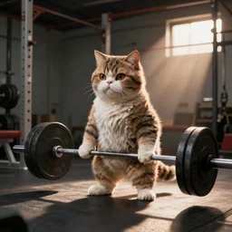 an anthropomorphic cat doing deadlifts weight training exercise with a loaded barbell at a gym