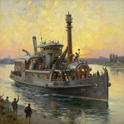 detailed close - up of a side view full shot of a dieselpunk futuristic neon robotic cyberpunk steamboat in the senna river, people waving, impressionism, oil on canvas, natural colors, horizon, golden hour, masterpiece, detailed, by gustave caillebotte, wlop, mucha, greg rutkowski