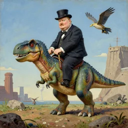 Winston Churchill riding a T-Rex, painting by Jean Giraud and René Magritte and Gary Panter, claymation in octane