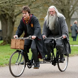 harry potter and gandalf riding a tandem bicycle