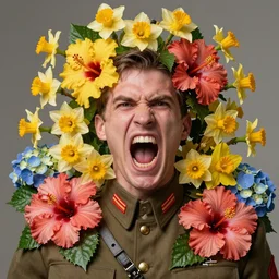 a beautiful portrait photo of a screaming military general man, looking very angry, covered by hibiscus, daffodils, hydrangea, montsera leaves by tom bagshaw and zach sutton, explosion of flowers, very detailed, artstation, 8 k
