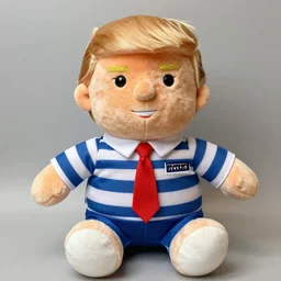 donald trump as a plushy toy with prisoner clothes on