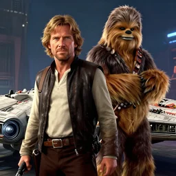 portrait of han solo and chewbacca on the millennium falcon, harrison ford,, star wars, gta v, hyper realistic, ambient lighting, concept art, intricate, hyper detailed, smooth, action, volumetric lighting, george lucas, arney fretag, ralph mcquarrie, octane