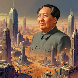 a hyper realistic digital art of maozedong in cyberbunk city on mars by kim jung gi, irakli nadar, intricate linework, bright colors, highly detailed, hyperrealism, digital art, artstation, concept art, detailed and intricate environment, an expansive view of