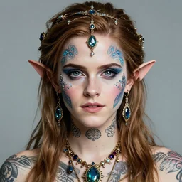 portrait of fairy, symmetric, facepaint facepaint facepaint, intricate jewelry, trending on artstation 4 k, high quality, in the style of karol bak and tom bagshaw, bust with face of emma watson, tattoos