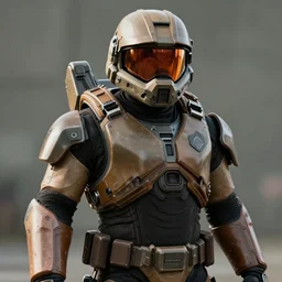 master chief in military brown armor and with a dark orange visor
