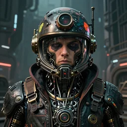 synthwave symmetric digital portrait steampunk cyborg pirate, biomechanical legendary cyberpunk style, cyberpunk dystopian post apocalyptic background, epic apex legends concept, retro futuristic lines and decals on vacuum helmet, mad max, beksinski mohrbacher shirow, sharp focus, realistic scifi masterpiece, cinematic natural light, highly intricate details, 8 k, hdr, octane render